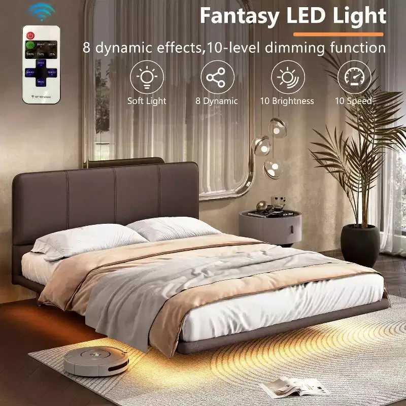 Struttura letto matrimoniale/queen size con testiera in pelle sintetica e luce a LED, letto a piattaforma moderno senza bisogno di rete a molle