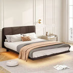 Okak Queen/Full Bedroom Floating Bed Frame with PU Leather Headboard & LED Light,Modern Platform Bed No Box Spring Needed