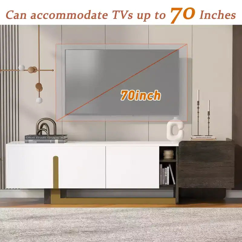 Mobile TV Bestier 66,7 pollici, lusso leggero, per TV fino a 70 pollici, mobile TV moderno con gambe in metallo, 1 cassetto, 2 armadietti per soggiorno