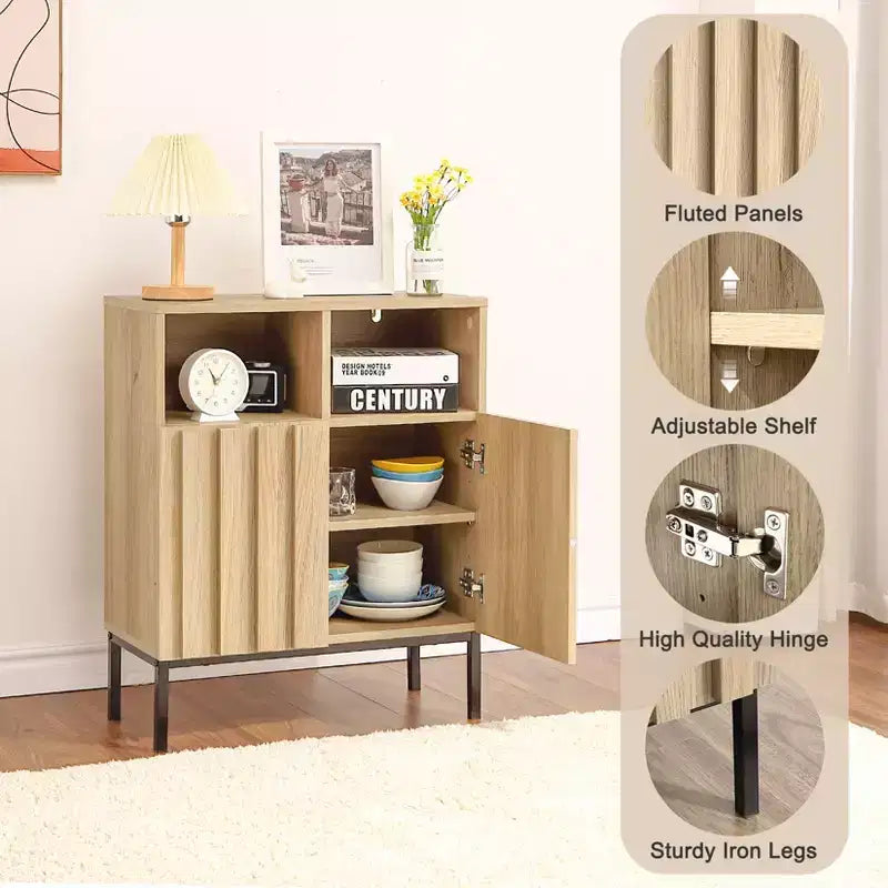 COZONY Credenza a Buffet Industriale 72,9 cm H, Madia Moderna con Anta a Pannello Scanalato e Gambe in Metallo per Soggiorno Sala da Pranzo