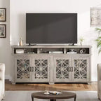 Mobile TV moderno di metà secolo con luci LED e ante in vetro, mobile console multimediale in legno grigio frassino con contenitore per soggiorno e camera da letto
