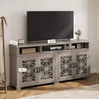 Mobile TV moderno di metà secolo con luci LED e ante in vetro, mobile console multimediale in legno grigio frassino con contenitore per soggiorno e camera da letto