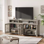 Mobile TV moderno di metà secolo con luci LED e ante in vetro, mobile console multimediale in legno grigio frassino con contenitore per soggiorno e camera da letto
