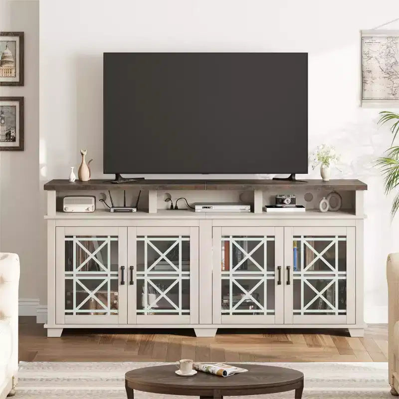 Mobile TV moderno di metà secolo con luci LED e ante in vetro, mobile console multimediale in legno grigio frassino con contenitore per soggiorno e camera da letto