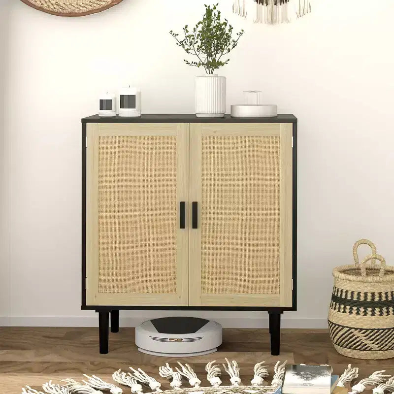 Madia Bohemien, Credenza da 80 cm con 2 Ante in Rattan e Ripiani per Soggiorno, Corridoio