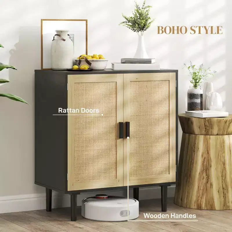 Madia Bohemien, Credenza da 80 cm con 2 Ante in Rattan e Ripiani per Soggiorno, Corridoio
