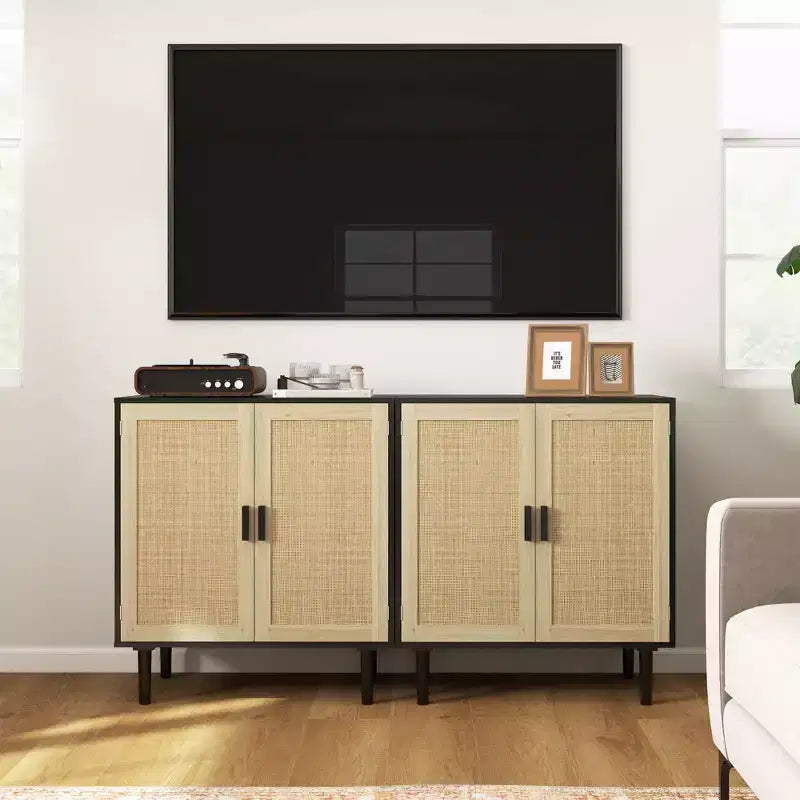 Madia Bohemien, Credenza da 80 cm con 2 Ante in Rattan e Ripiani per Soggiorno, Corridoio