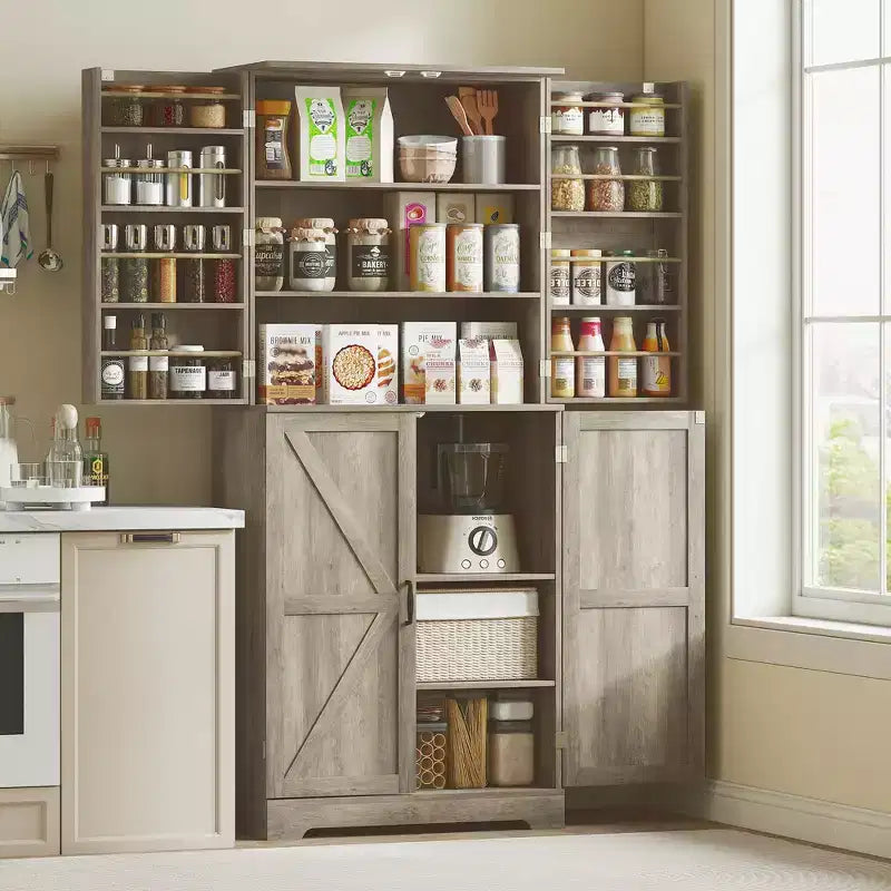 Dispensa da Cucina per Fattoria, Mobile Dispensa Alto 72 con 4 Ante a Scorrimento, 4 Ripiani Regolabili e 8 Ripiani sullo Sportello Wash