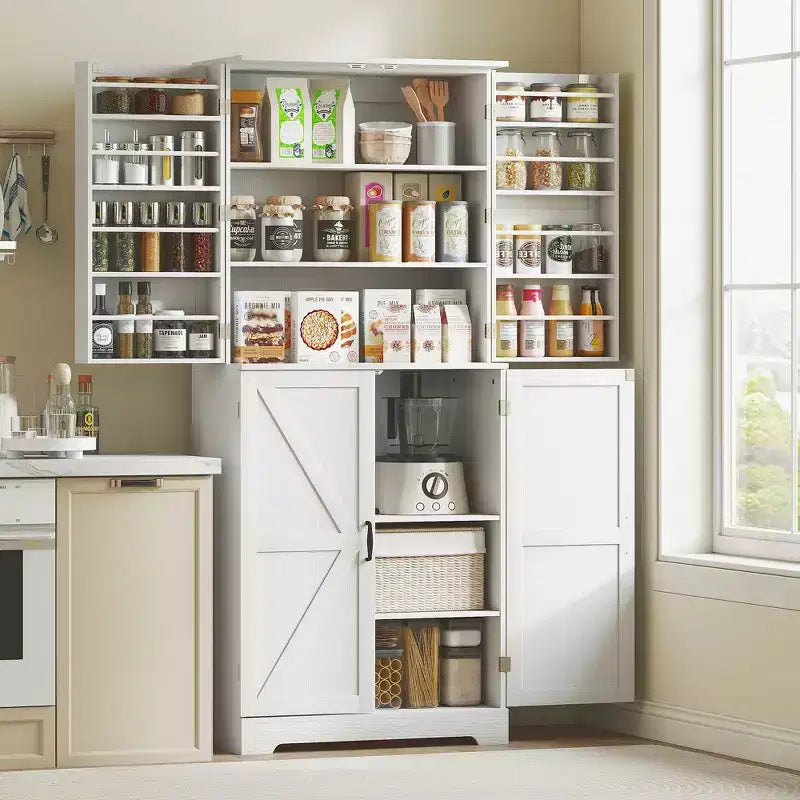 Dispensa da Cucina per Fattoria, Mobile Dispensa Alto 72 con 4 Ante a Scorrimento, 4 Ripiani Regolabili e 8 Ripiani sullo Sportello Wash