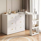 Heynemo Toeletta Angolare Estensibile a 6 Cassetti e Cassettiera Combinata con 3 Scaffali Laterali, Scrivania da Trucco, Tavolo da Toeletta in Legno per Camera da Letto