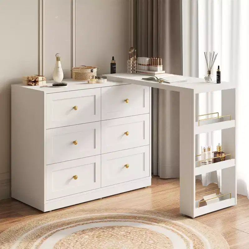 Heynemo Toeletta Angolare Estensibile a 6 Cassetti e Cassettiera Combinata con 3 Scaffali Laterali, Scrivania da Trucco, Tavolo da Toeletta in Legno per Camera da Letto