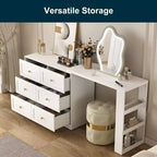 Heynemo Toeletta Angolare Estensibile a 6 Cassetti e Cassettiera Combinata con 3 Scaffali Laterali, Scrivania da Trucco, Tavolo da Toeletta in Legno per Camera da Letto