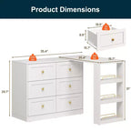 Heynemo Toeletta Angolare Estensibile a 6 Cassetti e Cassettiera Combinata con 3 Scaffali Laterali, Scrivania da Trucco, Tavolo da Toeletta in Legno per Camera da Letto