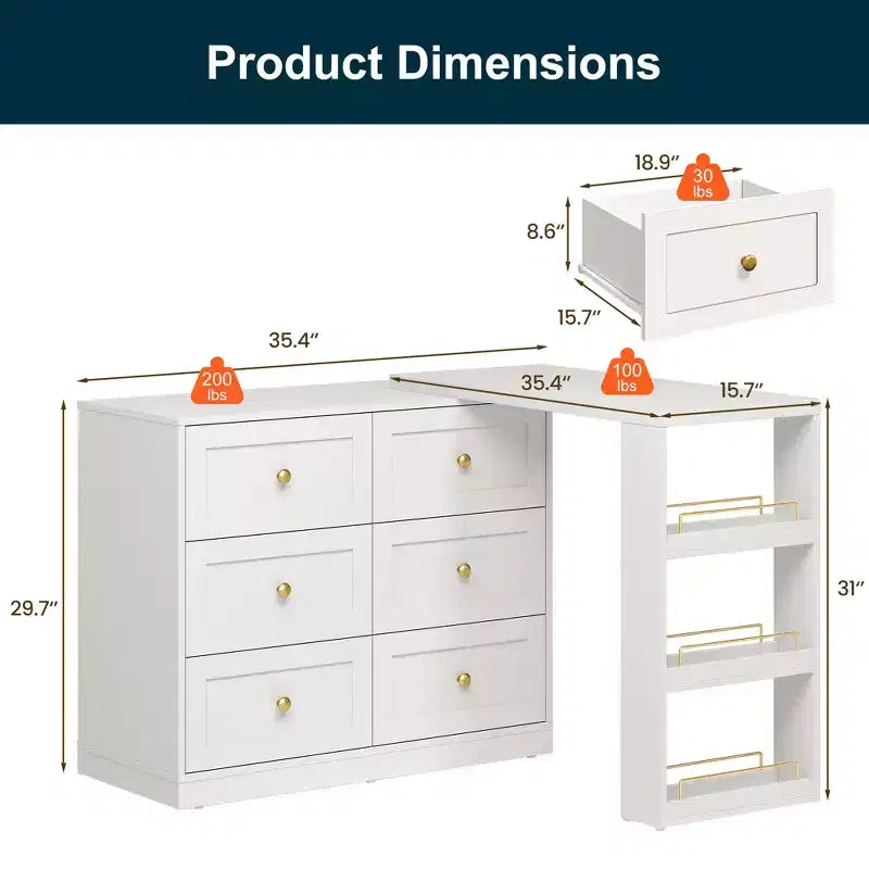 Heynemo Toeletta Angolare Estensibile a 6 Cassetti e Cassettiera Combinata con 3 Scaffali Laterali, Scrivania da Trucco, Tavolo da Toeletta in Legno per Camera da Letto