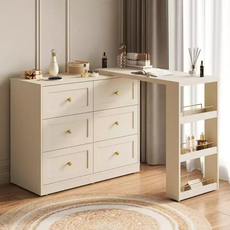 Heynemo Toeletta Angolare Estensibile a 6 Cassetti e Cassettiera Combinata con 3 Scaffali Laterali, Scrivania da Trucco, Tavolo da Toeletta in Legno per Camera da Letto