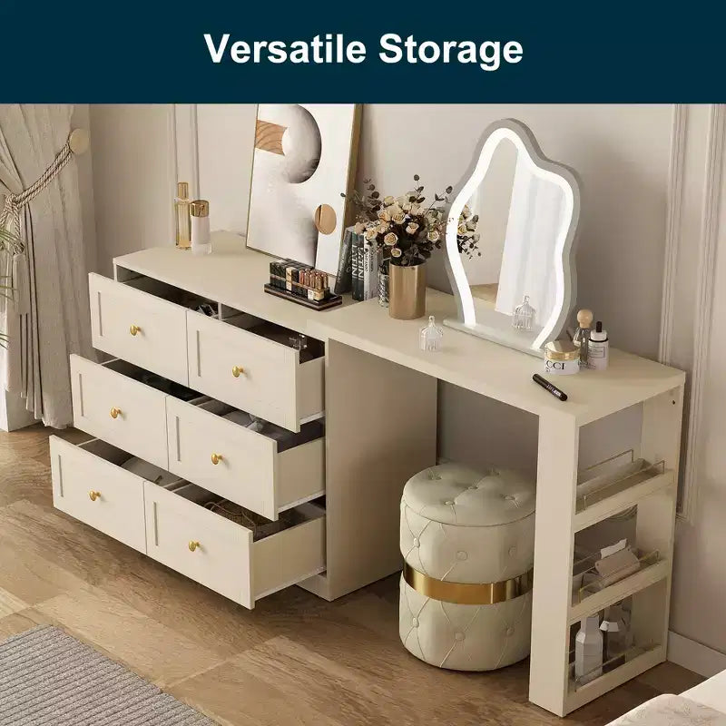 Heynemo Toeletta Angolare Estensibile a 6 Cassetti e Cassettiera Combinata con 3 Scaffali Laterali, Scrivania da Trucco, Tavolo da Toeletta in Legno per Camera da Letto