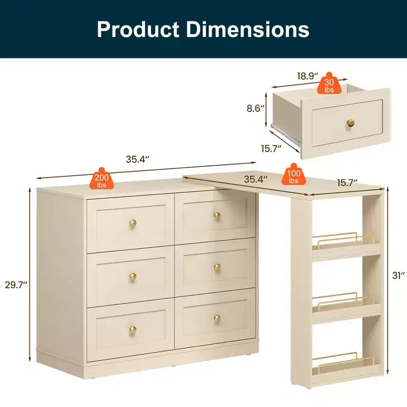 Heynemo Toeletta Angolare Estensibile a 6 Cassetti e Cassettiera Combinata con 3 Scaffali Laterali, Scrivania da Trucco, Tavolo da Toeletta in Legno per Camera da Letto