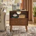 MAYEERTY Mid Century Modern Fluted Nightstands with Charging Station Solid Wood Legs with Open Space and Drawer Dresser Walnut for Bedroom