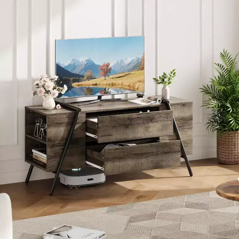 Mobile porta TV da 119 cm per televisori da 50-65 pollici, Centro d'intrattenimento con 2 cassetti, ripiani regolabili e gambe in metallo a forma di U, Consolle TV moderna in legno