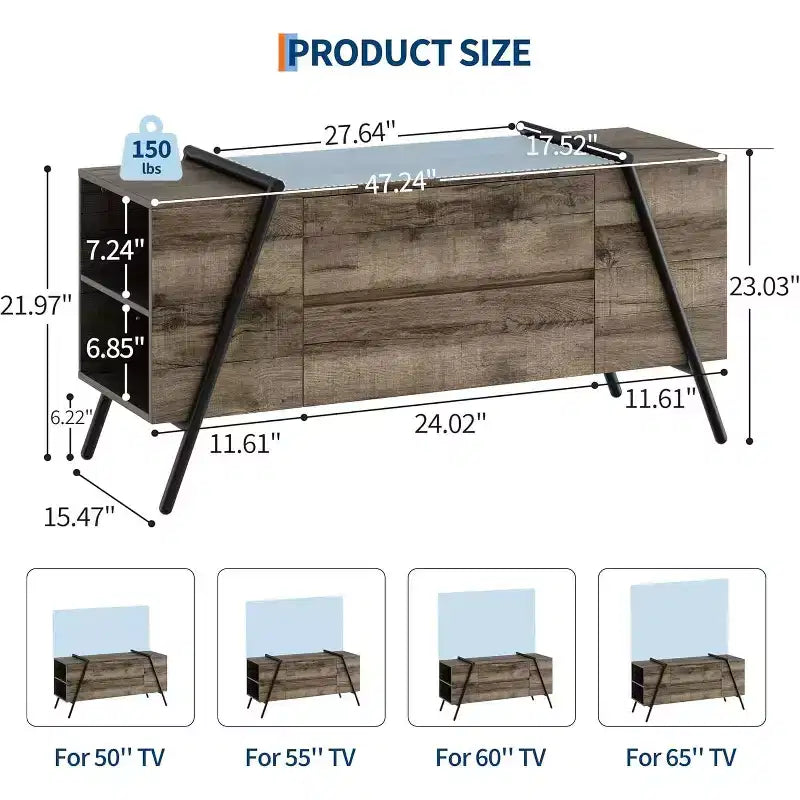Mobile porta TV da 119 cm per televisori da 50-65 pollici, Centro d'intrattenimento con 2 cassetti, ripiani regolabili e gambe in metallo a forma di U, Consolle TV moderna in legno