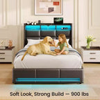 Greenstell Struttura Letto con Piattaforma, 4 Cassetti Contenitore e Stazione di Ricarica, Testiera Imbottita con Luce Led