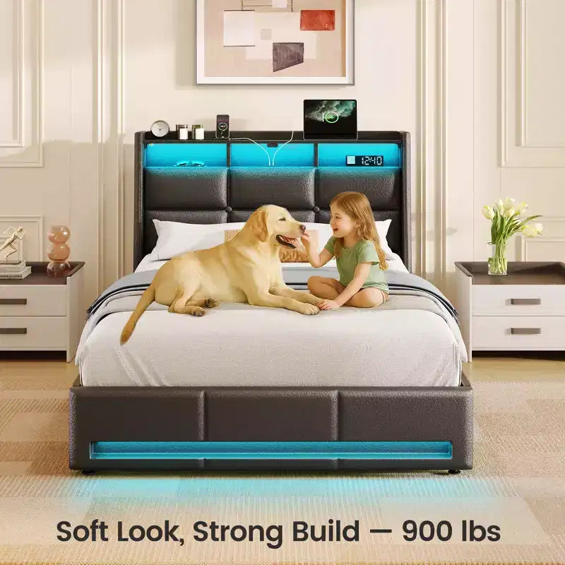 Greenstell Struttura Letto con Piattaforma, 4 Cassetti Contenitore e Stazione di Ricarica, Testiera Imbottita con Luce Led