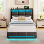 Greenstell Struttura Letto con Piattaforma, 4 Cassetti Contenitore e Stazione di Ricarica, Testiera Imbottita con Luce Led