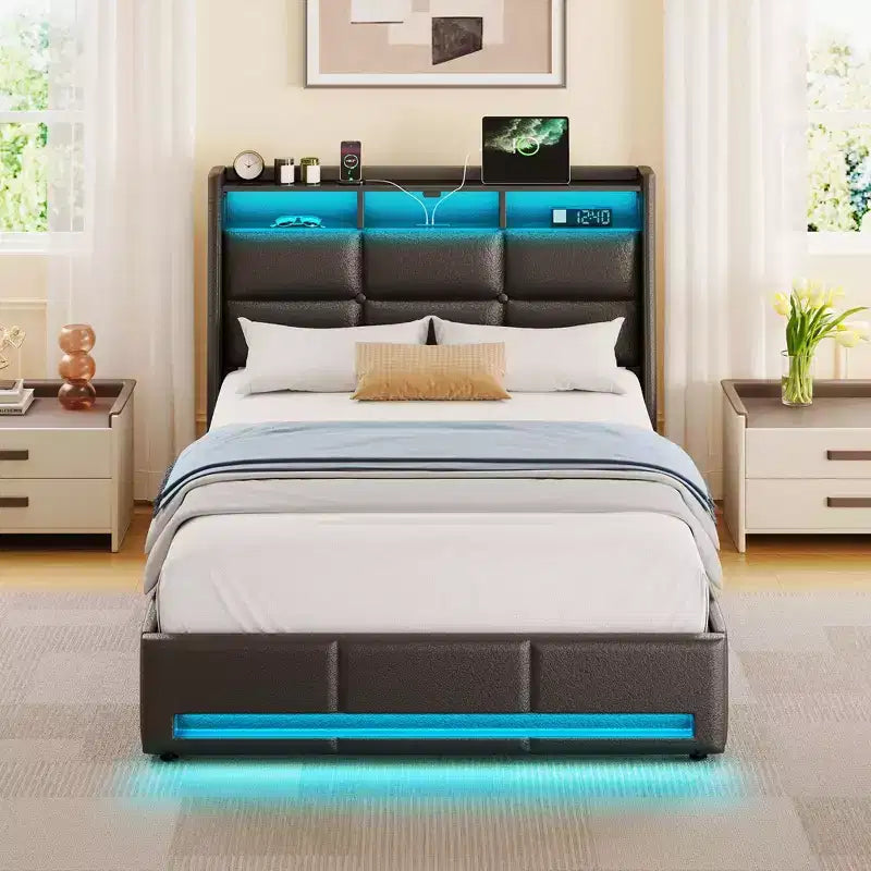 Greenstell Struttura Letto con Piattaforma, 4 Cassetti Contenitore e Stazione di Ricarica, Testiera Imbottita con Luce Led