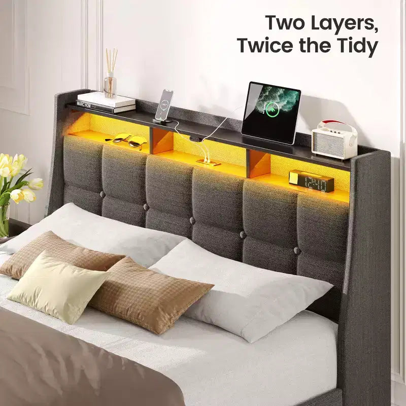 Greenstell Struttura Letto con Piattaforma, 4 Cassetti Contenitore e Stazione di Ricarica, Testiera Imbottita con Luce Led