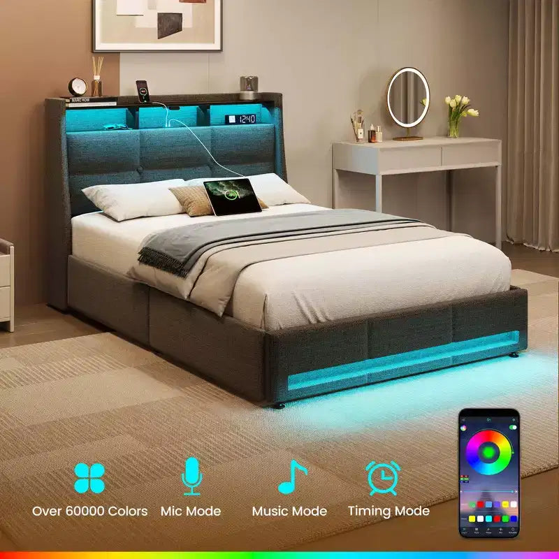 Greenstell Struttura Letto con Piattaforma, 4 Cassetti Contenitore e Stazione di Ricarica, Testiera Imbottita con Luce Led