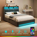 Greenstell Struttura Letto con Piattaforma, 4 Cassetti Contenitore e Stazione di Ricarica, Testiera Imbottita con Luce Led