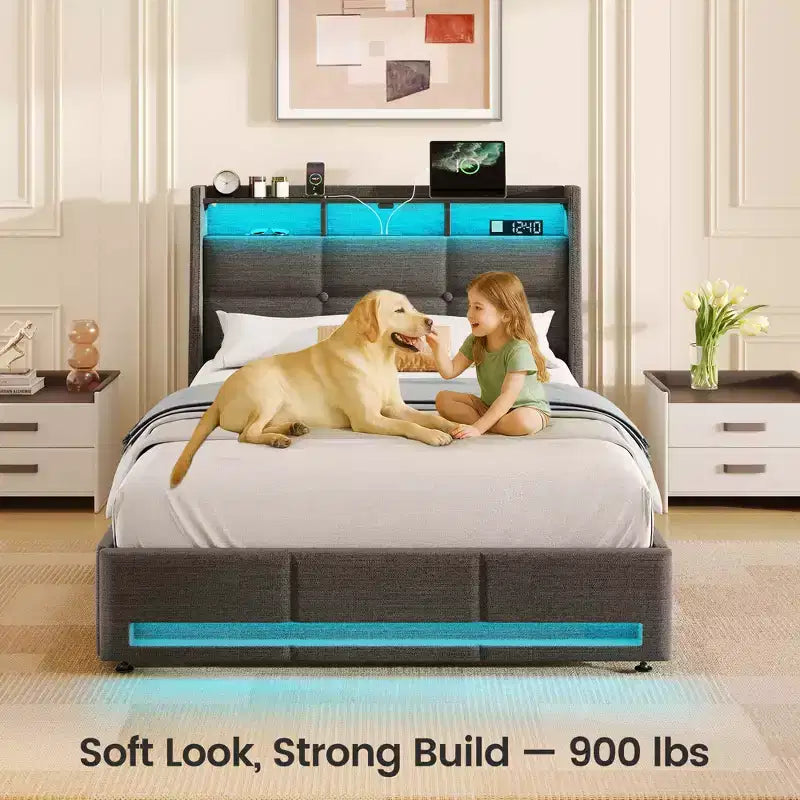 Greenstell Struttura Letto con Piattaforma, 4 Cassetti Contenitore e Stazione di Ricarica, Testiera Imbottita con Luce Led