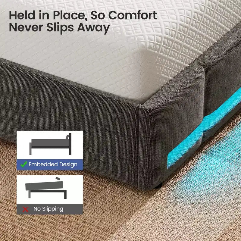 Greenstell Struttura Letto con Piattaforma, 4 Cassetti Contenitore e Stazione di Ricarica, Testiera Imbottita con Luce Led