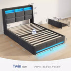 Greenstell Struttura Letto con Piattaforma, 4 Cassetti Contenitore e Stazione di Ricarica, Testiera Imbottita con Luce Led