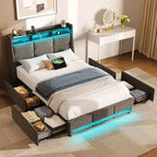 Greenstell Struttura Letto con Piattaforma, 4 Cassetti Contenitore e Stazione di Ricarica, Testiera Imbottita con Luce Led