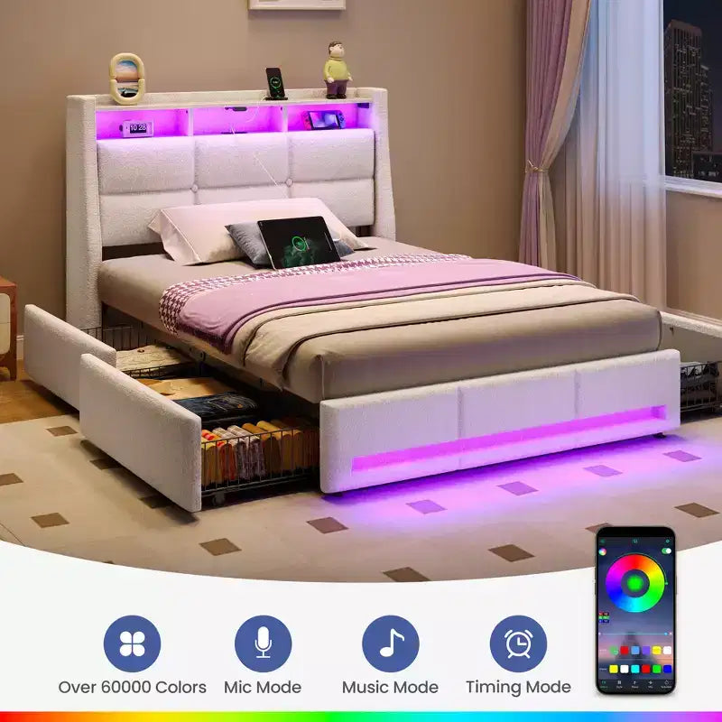 Greenstell Struttura Letto con Piattaforma, 4 Cassetti Contenitore e Stazione di Ricarica, Testiera Imbottita con Luce Led