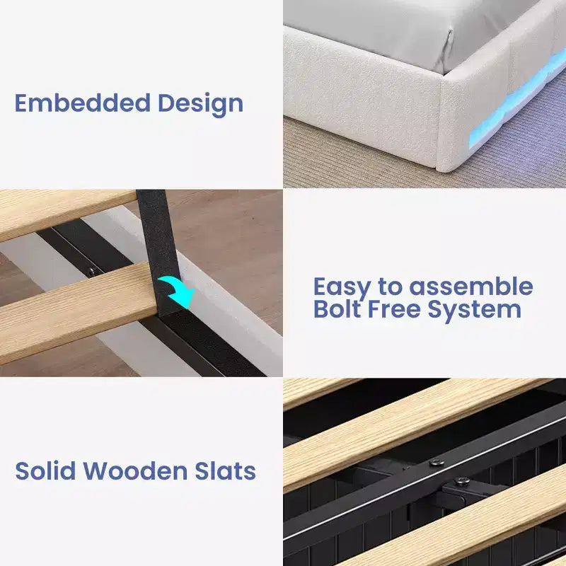 Greenstell Struttura Letto con Piattaforma, 4 Cassetti Contenitore e Stazione di Ricarica, Testiera Imbottita con Luce Led