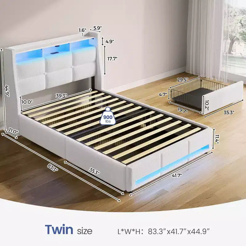 Greenstell Struttura Letto con Piattaforma, 4 Cassetti Contenitore e Stazione di Ricarica, Testiera Imbottita con Luce Led