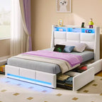 Greenstell Struttura Letto con Piattaforma, 4 Cassetti Contenitore e Stazione di Ricarica, Testiera Imbottita con Luce Led