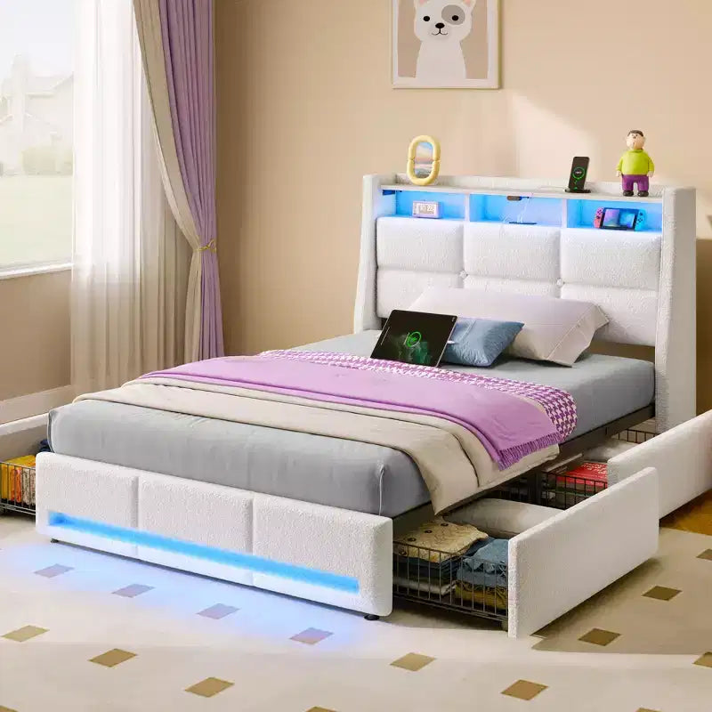 Greenstell Struttura Letto con Piattaforma, 4 Cassetti Contenitore e Stazione di Ricarica, Testiera Imbottita con Luce Led
