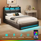 Greenstell Struttura Letto con Piattaforma, 4 Cassetti Contenitore e Stazione di Ricarica, Testiera Imbottita con Luce Led