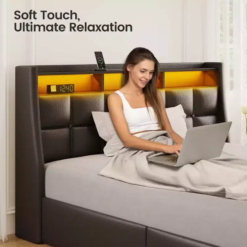 Greenstell Struttura Letto con Piattaforma, 4 Cassetti Contenitore e Stazione di Ricarica, Testiera Imbottita con Luce Led