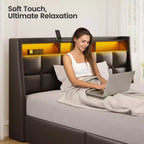 Greenstell Struttura Letto con Piattaforma, 4 Cassetti Contenitore e Stazione di Ricarica, Testiera Imbottita con Luce Led
