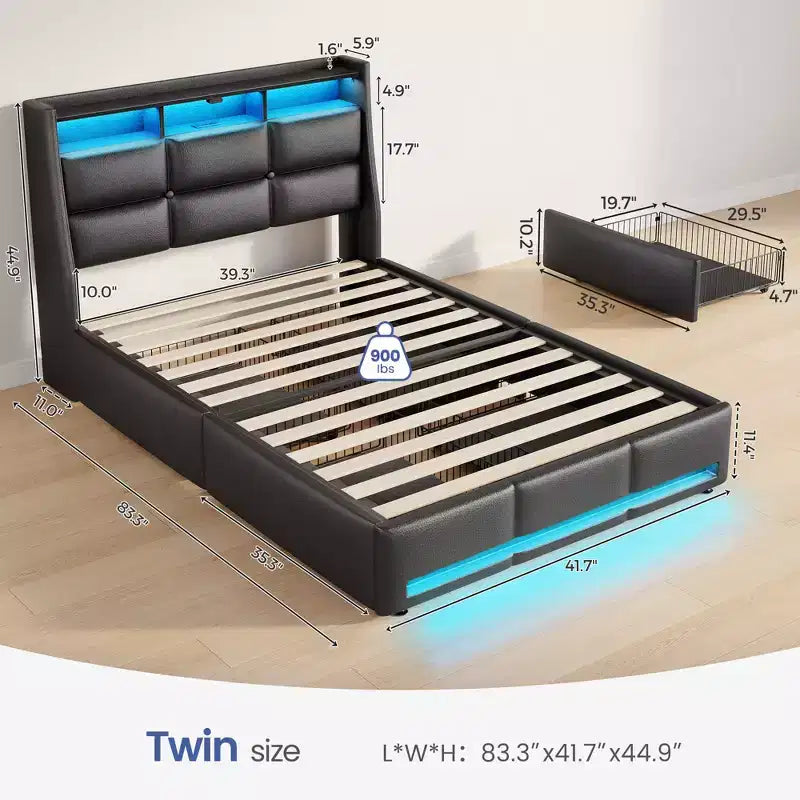 Greenstell Struttura Letto con Piattaforma, 4 Cassetti Contenitore e Stazione di Ricarica, Testiera Imbottita con Luce Led