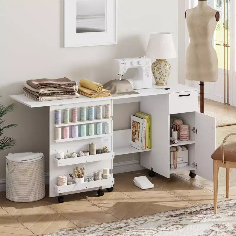 Tavolo da Cucito con Contenitore, Tavolo da Lavoro Pieghevole con Ruote Bloccabili e Cassetto Scorrevole