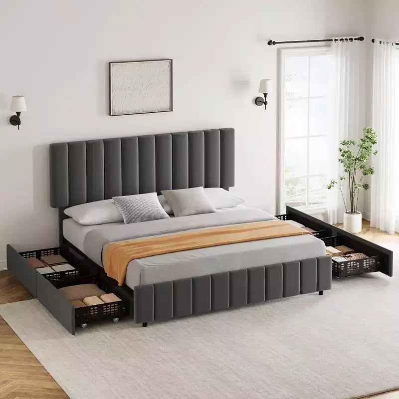 Telaio Letto Imbottito in Lino con 4 Cassetti Contenitore, Testiera Regolabile, Robuste Doghe in Legno, Nessuna Rete a Molle Richiesta