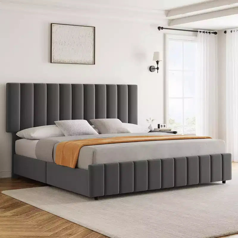 Telaio Letto Imbottito in Lino con 4 Cassetti Contenitore, Testiera Regolabile, Robuste Doghe in Legno, Nessuna Rete a Molle Richiesta