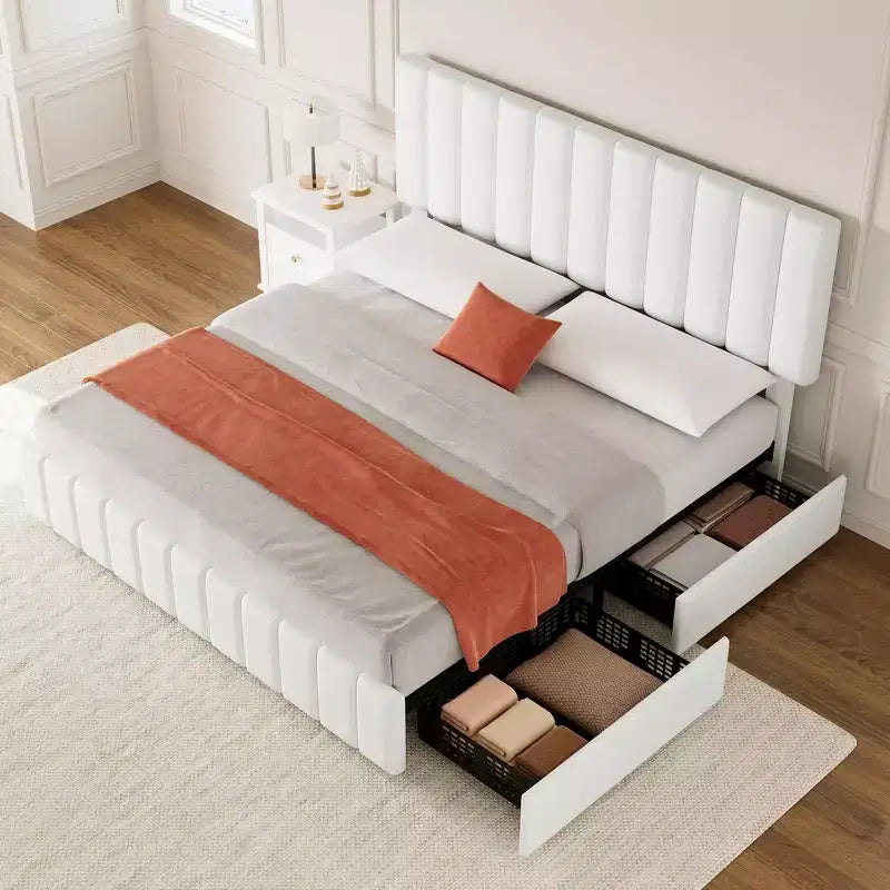 Telaio Letto Imbottito in Lino con 4 Cassetti Contenitore, Testiera Regolabile, Robuste Doghe in Legno, Nessuna Rete a Molle Richiesta
