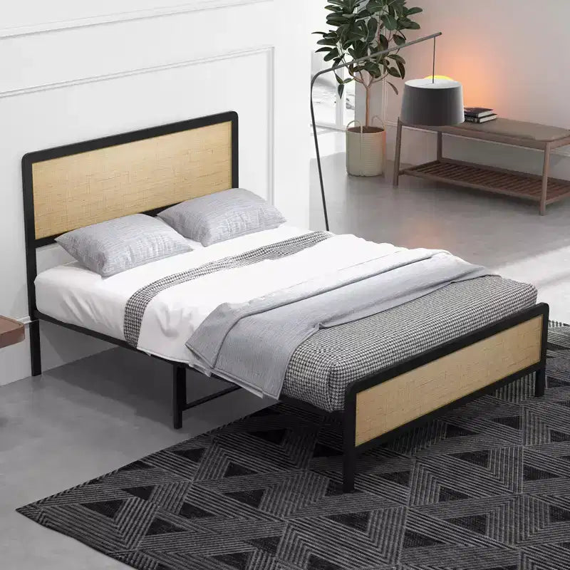 oho Style Bed Frame with Rattan Headboard, Platform Bed Frame with Strong Metal Slat Support,No Box Spring Needed,Black & Oak