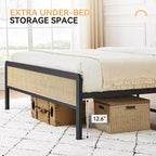 oho Struttura letto in stile con testiera in rattan, Struttura letto a piattaforma con robusto supporto a doghe in metallo, Non necessita di rete a molle, Nero e Rovere
